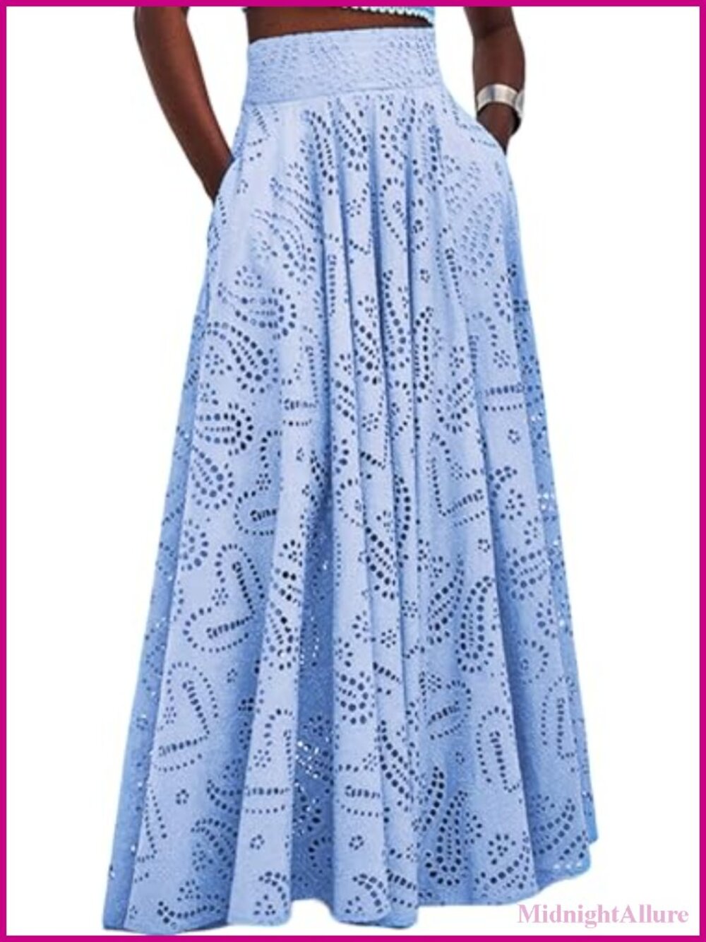 Women Maxi A-Line Eyelet Embroidered Pleated Party Skirt with Pockets